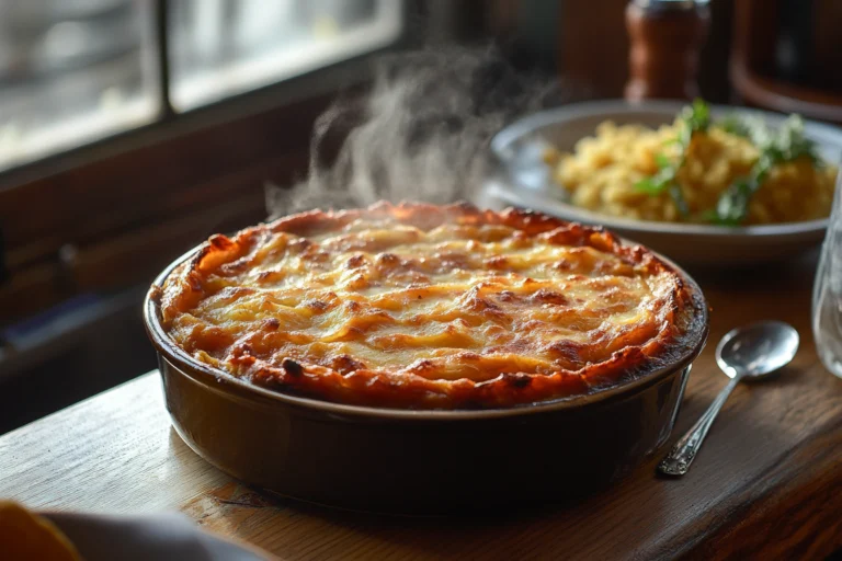 Why is my shepherd's pie soupy? A freshly baked shepherd's pie with a golden mashed potato topping, sitting on a wooden counter, exuding warmth and rustic charm.