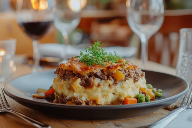 A freshly baked shepherd's pie served on a plate, garnished with herbs and accompanied by vegetables.