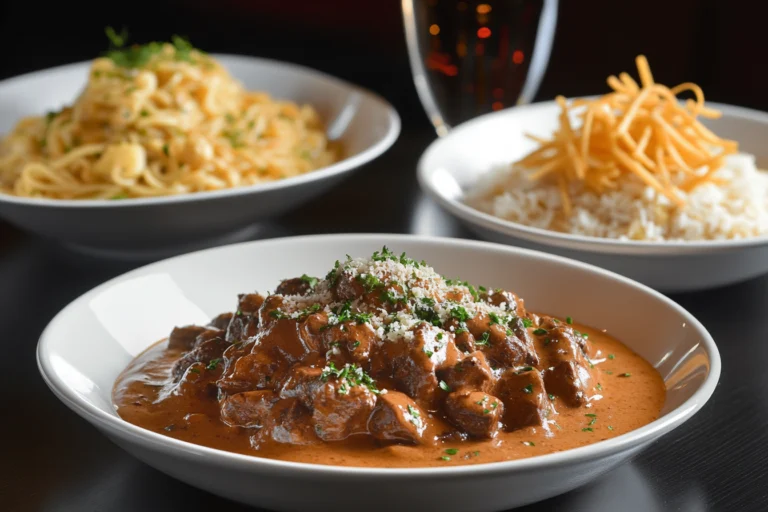 A variety of Beef Stroganoff dishes served with sides of pasta, rice, and crispy noodles, presented in elegant white bowls.