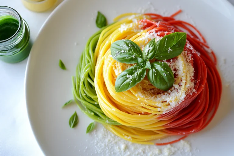 A plate of colorful spaghetti arranged in neat coils of red, yellow, and green pasta, garnished with fresh basil leaves and grated cheese, accompanied by a jar of green sauce on the side.