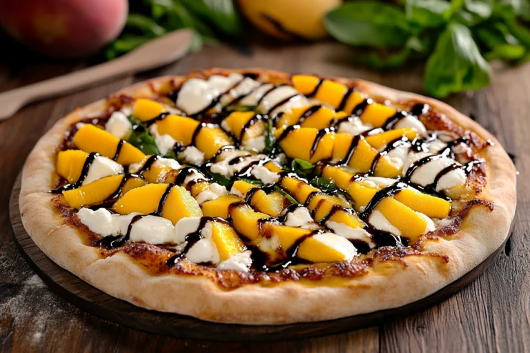 A freshly baked mango pizza topped with creamy cheese, fresh basil, and a drizzle of balsamic glaze on a golden, crispy crust.