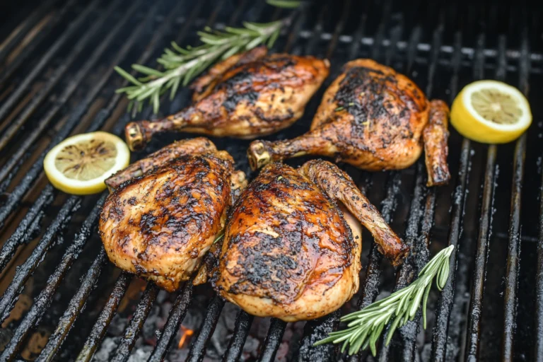Grilled spatchcocked chicken with lemon slices and rosemary on the grill