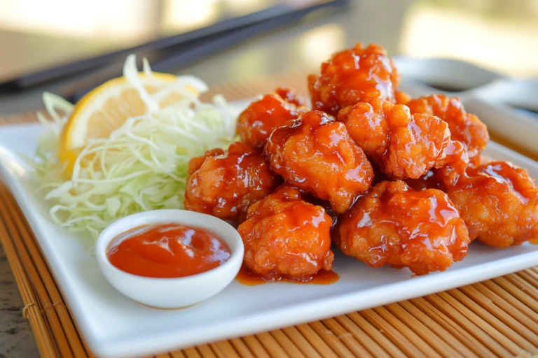 A plate of Japanese-style Chicken Nanban, featuring golden fried chicken pieces coated in a tangy sauce, served alongside shredded cabbage, a lemon wedge, and a small bowl of dipping sauce.