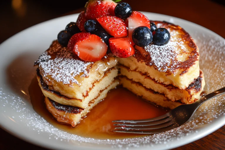 A plate of fluffy pancakes topped with fresh strawberries, blueberries, powdered sugar, and drizzled with syrup.