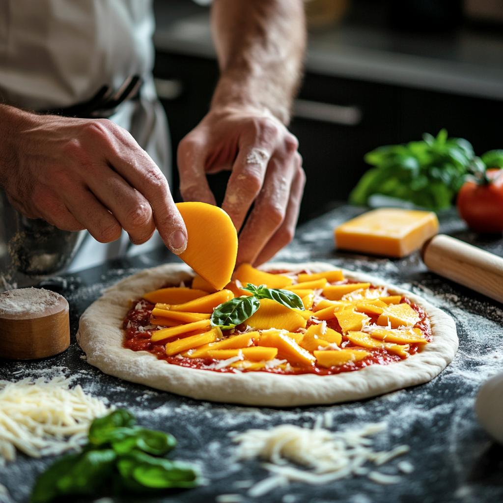 A professional chef in a modern kitchen carefully placing fresh mango slices on an uncooked pizza dough with tomato sauce, cheese, and basil.
