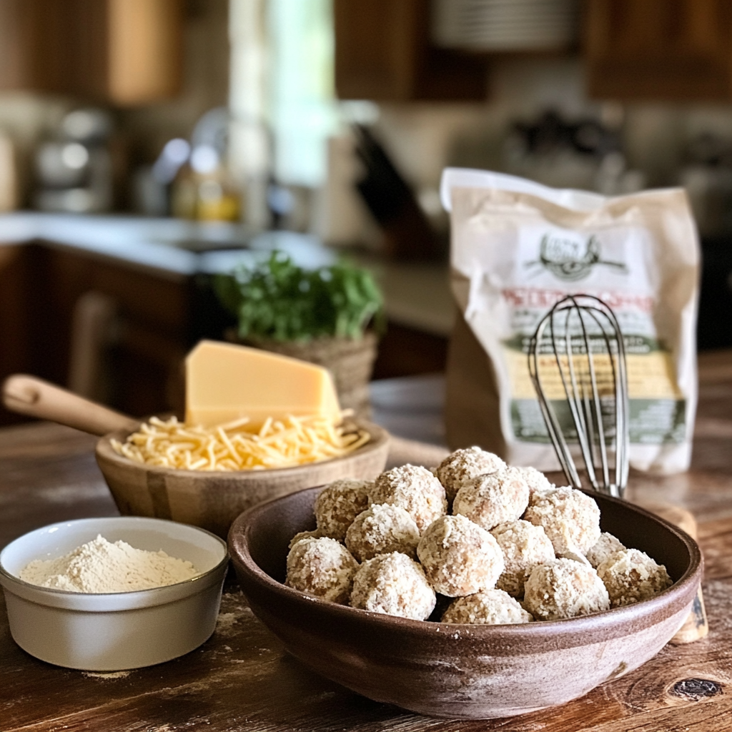 A rustic kitchen counter displaying a bowl of uncooked sausage balls, shredded cheese, flour, and other ingredients.