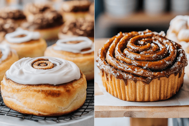 A split-screen comparison of a cinnamon roll with white icing on the left and a caramel-glazed cinnamon bun on the right.