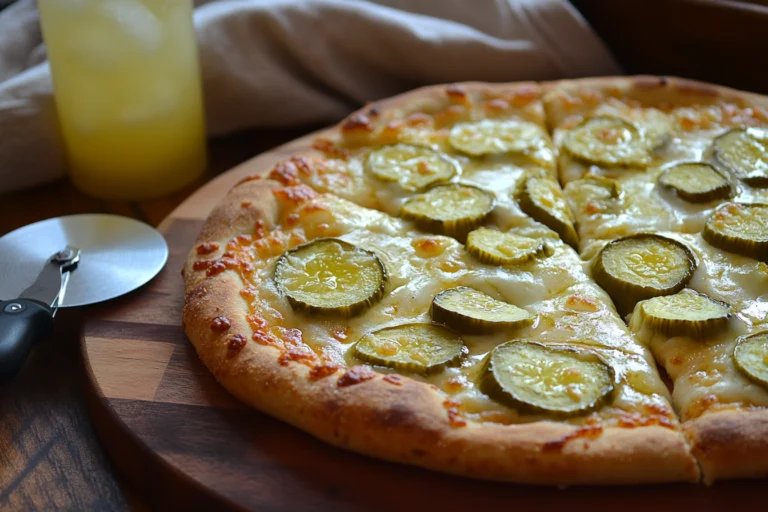 A freshly baked pickle pizza with melted cheese and golden crust, sliced and served on a wooden board.