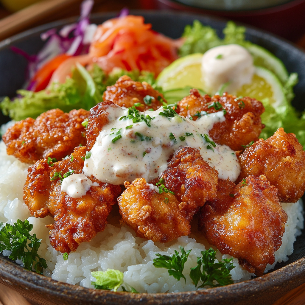 A bowl of Chicken Nanban served over steamed rice, topped with creamy tartar sauce, and accompanied by fresh vegetables.
