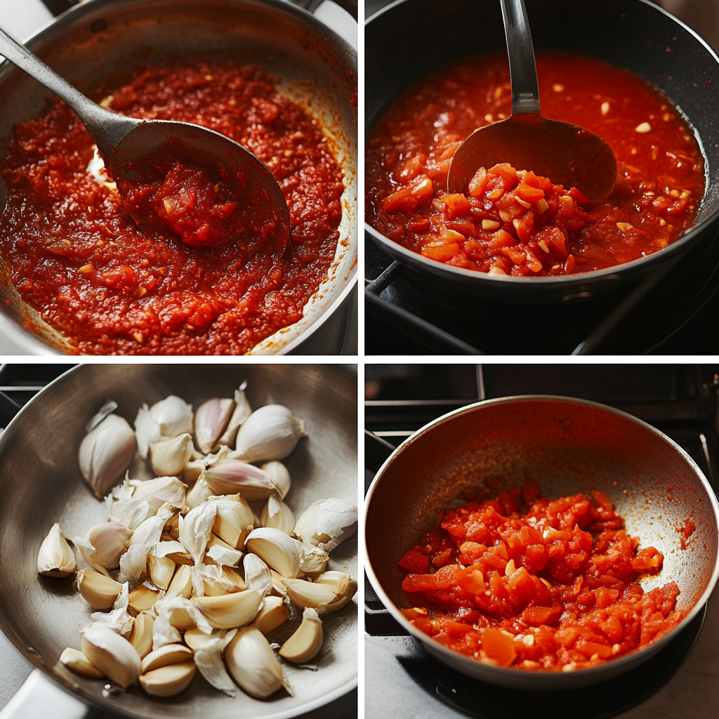 Step-by-step process of making Arrabiata sauce, showing garlic, tomatoes, and sauce in various stages of preparation.