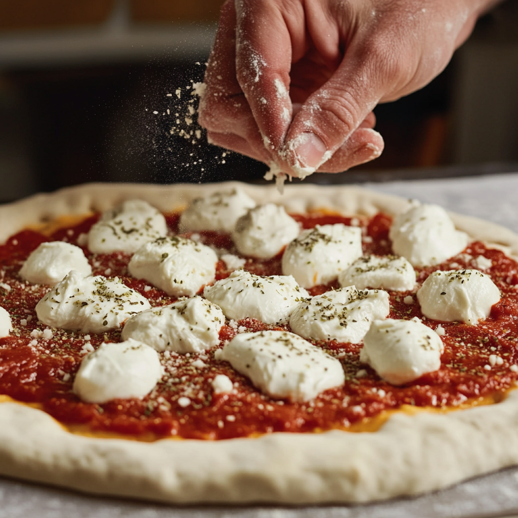 A close-up of a hand sprinkling grated cheese over a Grandma-style pizza with dollops of ricotta, tomato sauce, and dried herbs on a raw dough base.