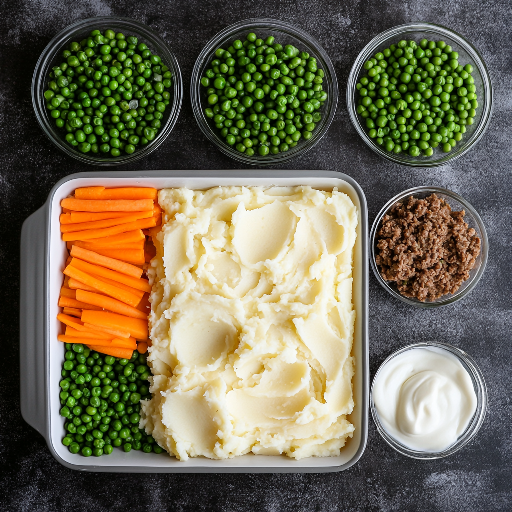 A step-by-step preparation scene of shepherd’s pie with individual ingredients displayed: mashed potatoes, ground meat, sliced carrots, peas, and cream arranged around a baking dish.