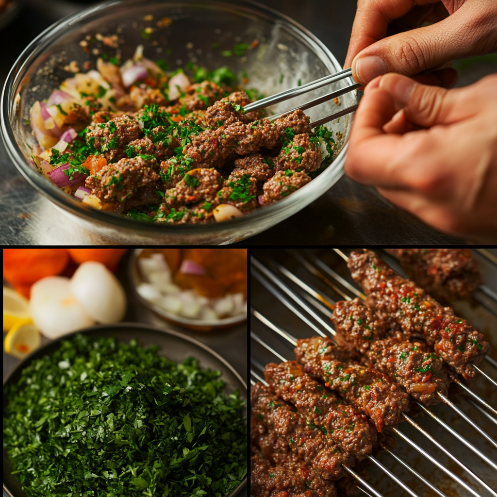 Close-up of a chef grilling spicy Adana kebabs over charcoal flames.