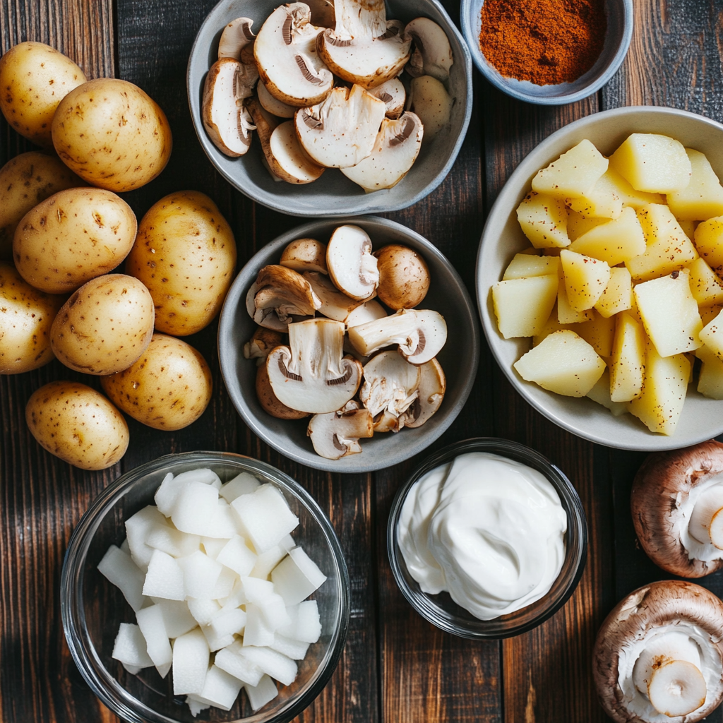 A top-down view of a kitchen counter with fresh potatoes, mushrooms, chopped onions, sour cream, and seasonings in bowls.