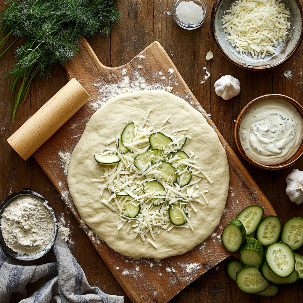 A top-down view of a pizza-making setup featuring fresh dough topped with sliced cucumbers and shredded cheese on a wooden board.