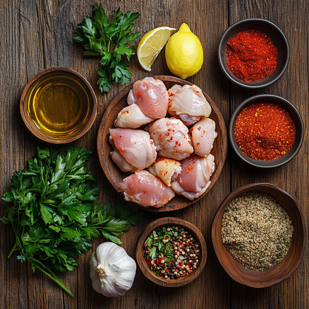 A top-down view of traditional Tavuk Adana ingredients, including raw chicken pieces, fresh parsley, garlic, lemon, olive oil, and a variety of colorful spices in wooden bowls.
