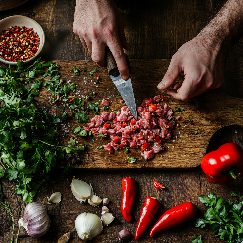 Hands of a chef mincing raw lamb meat on a wooden cutting board surrounded by fresh herbs, garlic, red chili peppers, and spices.