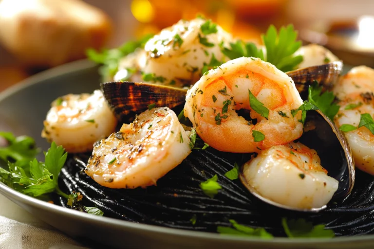 A vibrant dish of black ink spaghetti topped with grilled shrimp and scallops, garnished with fresh parsley.