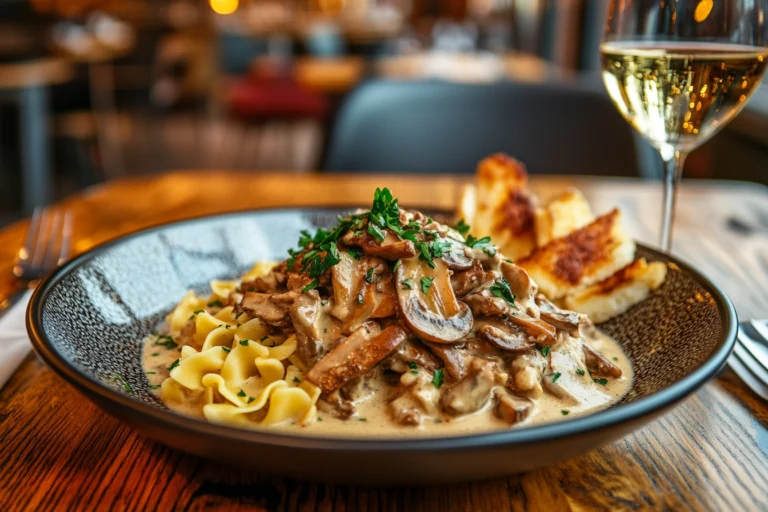 A vibrant plate of creamy Stroganoff served over egg noodles, topped with fresh parsley, accompanied by toasted bread and a glass of white wine.