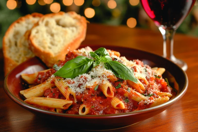 A close-up image of a plate of penne pasta with marinara sauce, garnished with fresh basil leaves and parmesan cheese, accompanied by a piece of bread and a glass of red wine.