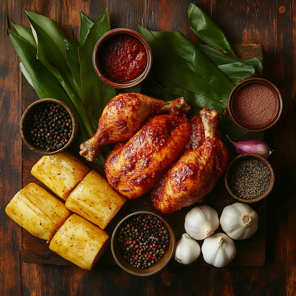 A vibrant display of traditional Yucatán ingredients for Chicken Mukibil, featuring marinated chicken, masa, banana leaves, achiote paste, garlic, and various spices.