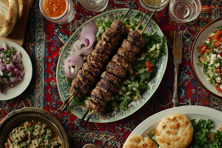 A vibrant table setting featuring Adana kebabs served on a bed of fresh salad with side dishes including flatbread, onion slices, and tomato-based dips.