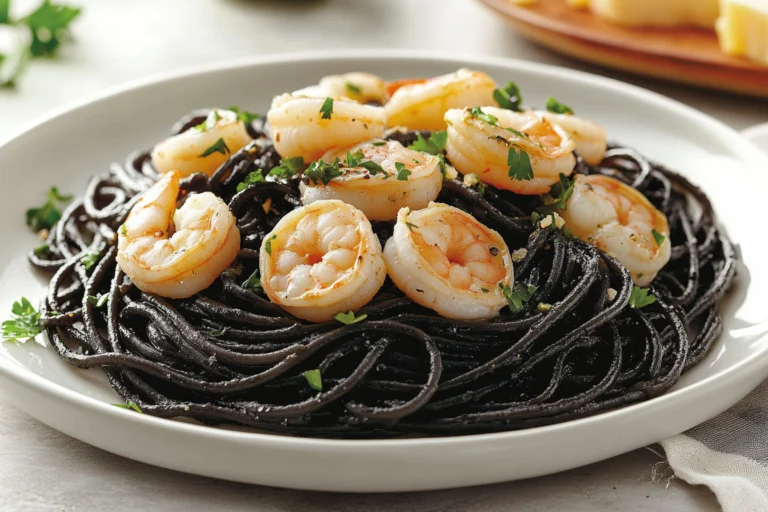 A plate of black spaghetti made with squid ink, topped with cooked shrimp and garnished with fresh parsley, served on a white dish.