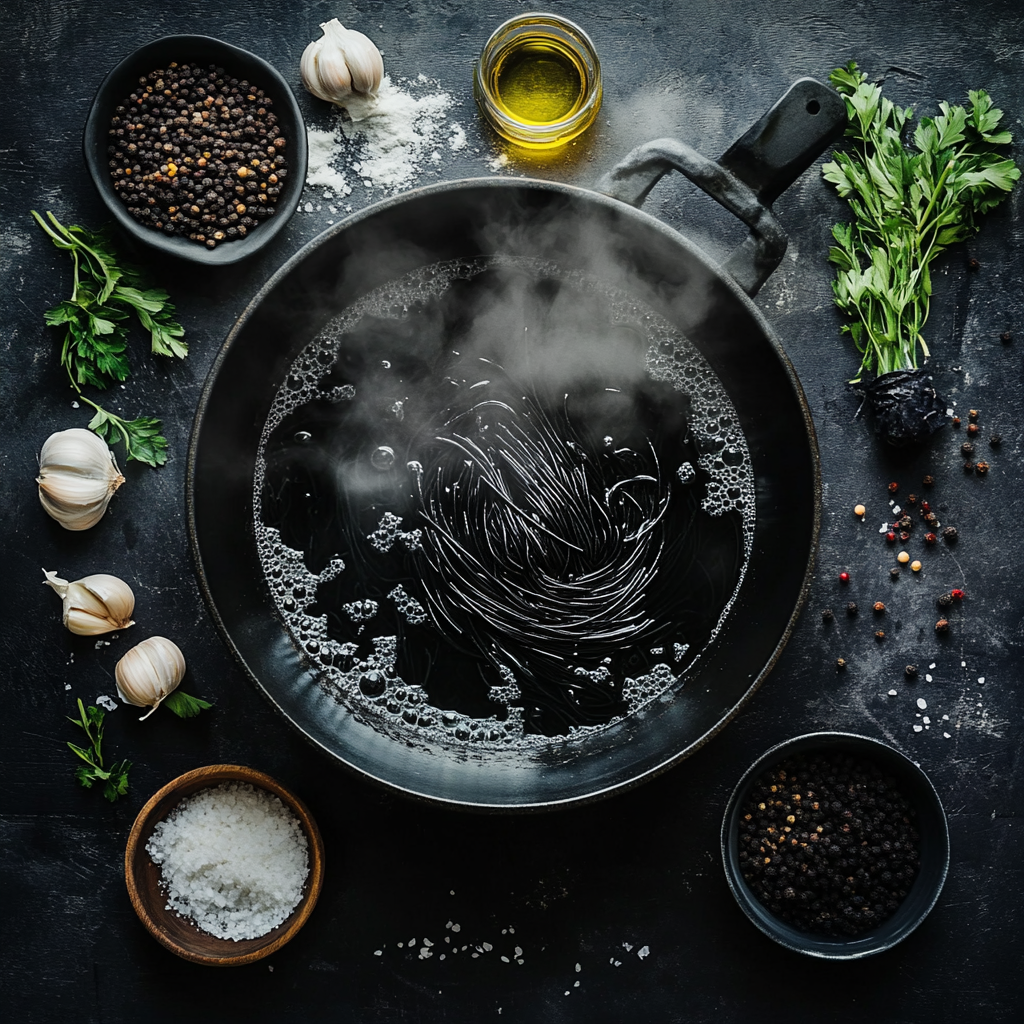 Black spaghetti boiling in a steaming pot surrounded by fresh ingredients like garlic, parsley, olive oil, and peppercorns.