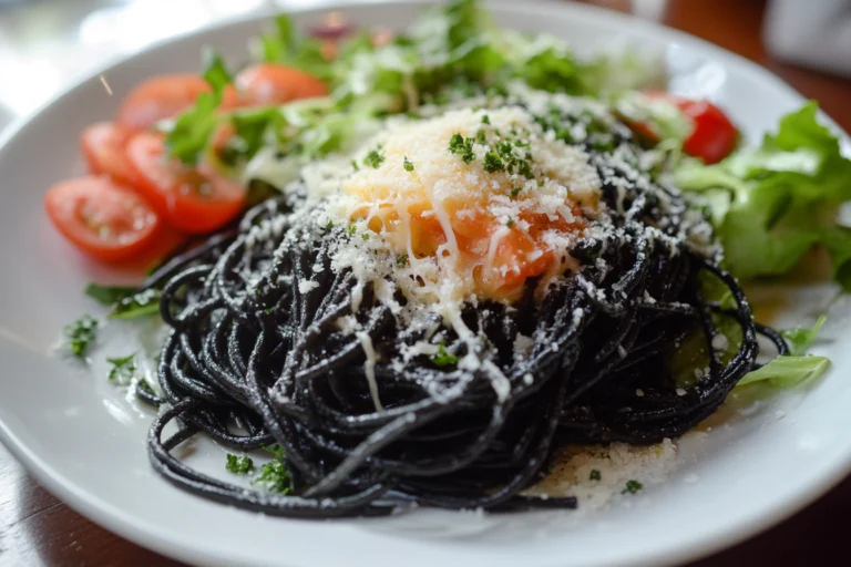 A plate of black spaghetti garnished with cheese, fresh tomato, and parsley, served with a side of salad featuring cherry tomatoes and mixed greens.