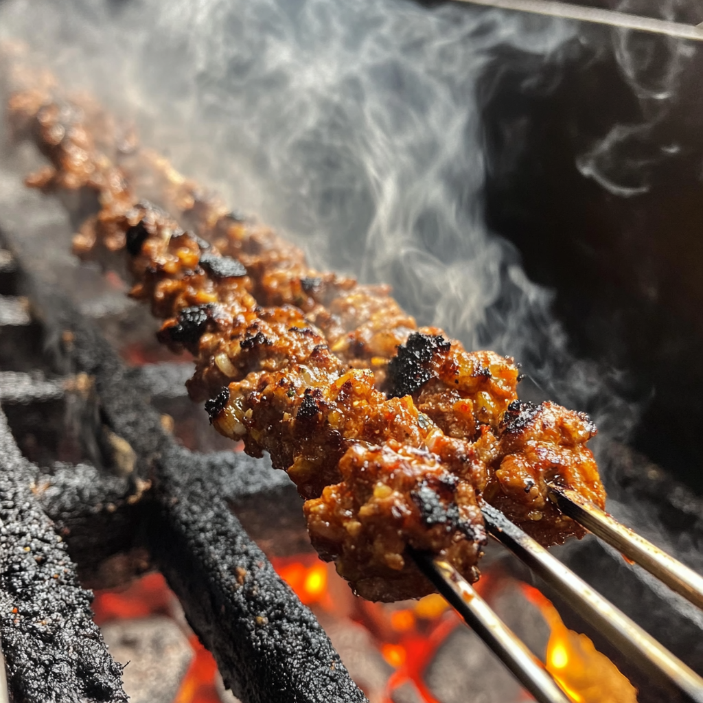 Close-up of skewered Adana kebabs grilling over glowing charcoal with smoke rising.