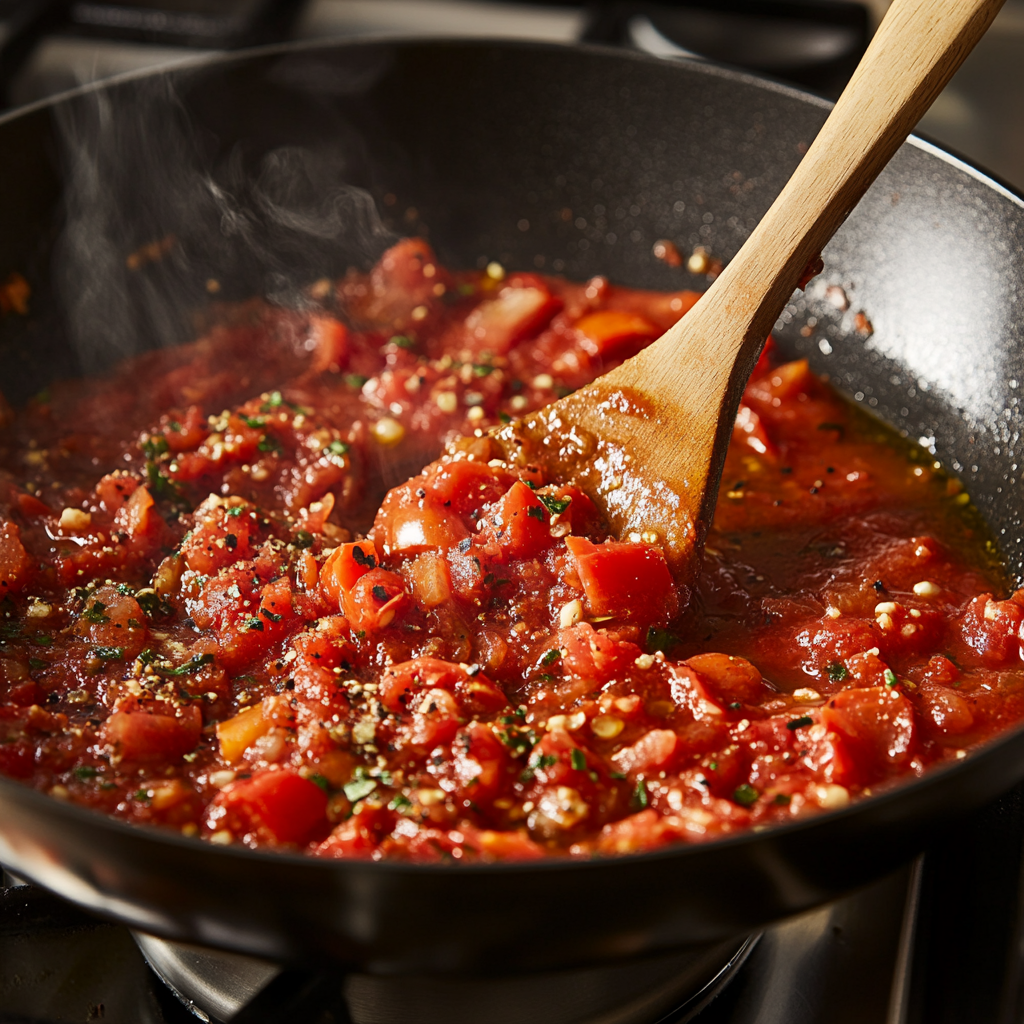 A close-up of arrabbiata sauce being stirred in a pan with a wooden spoon, showing diced tomatoes, herbs, and spices.
