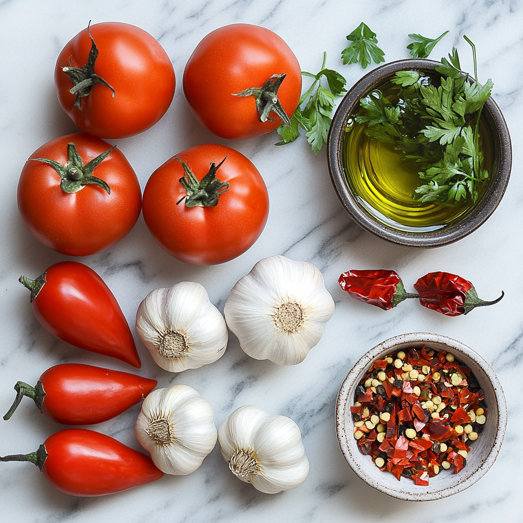 A flat-lay of ingredients for arrabbiata sauce, including tomatoes, garlic, red chili peppers, dried chili flakes, parsley, and olive oil.
