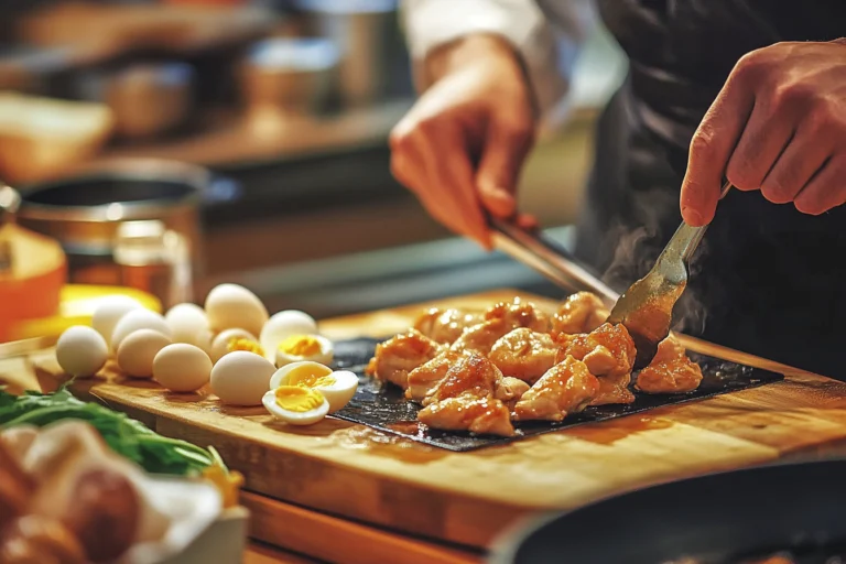 A chef preparing glazed chicken with boiled eggs and fresh greens on a wooden board.