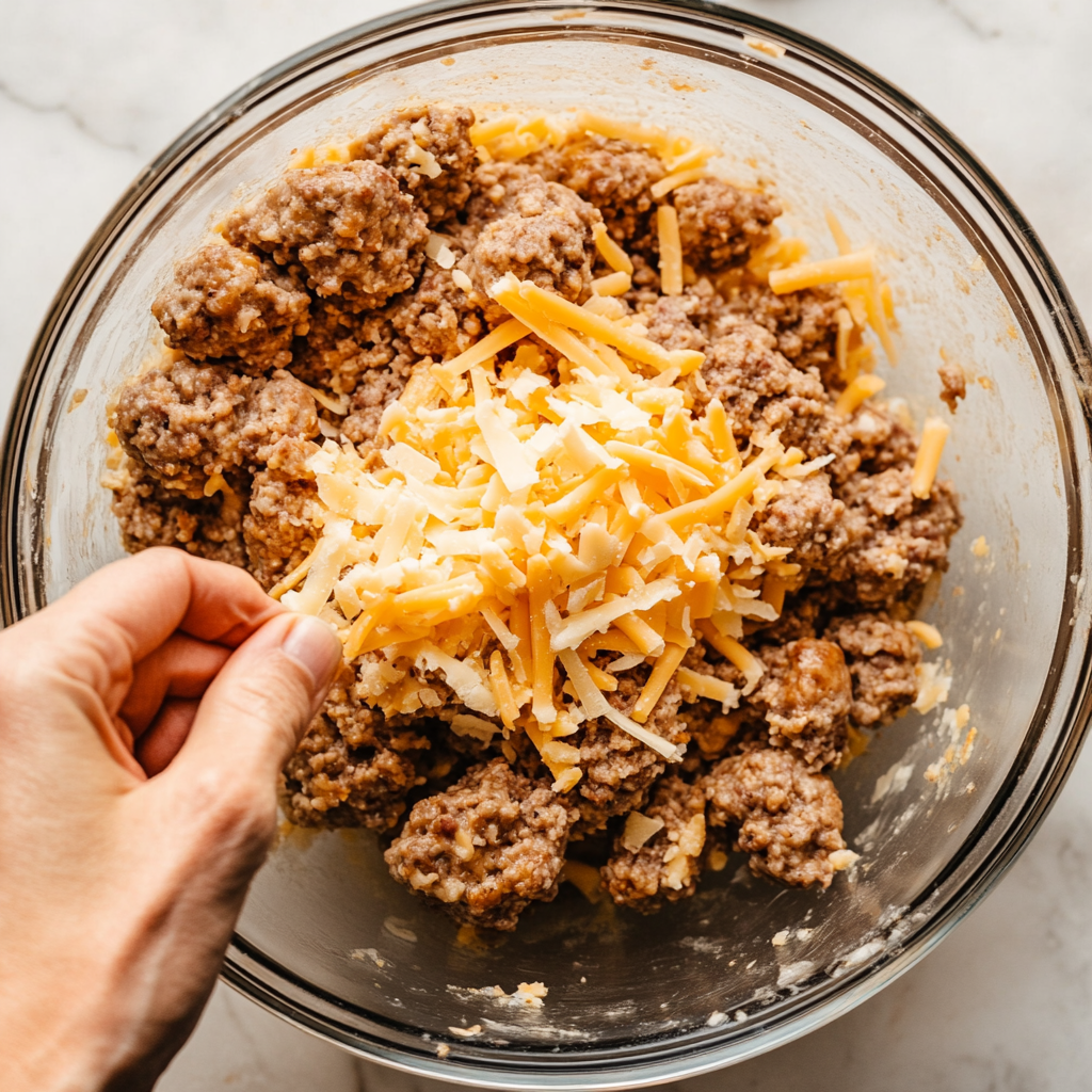 A hand adding shredded cheese to a mixture of sausage and other ingredients in a glass bowl.