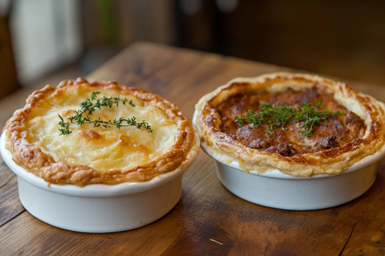 The difference between Shepherd’s Pie and Cottage Pie, shown side by side in white dishes, with golden mashed potato toppings and fresh thyme garnishes.