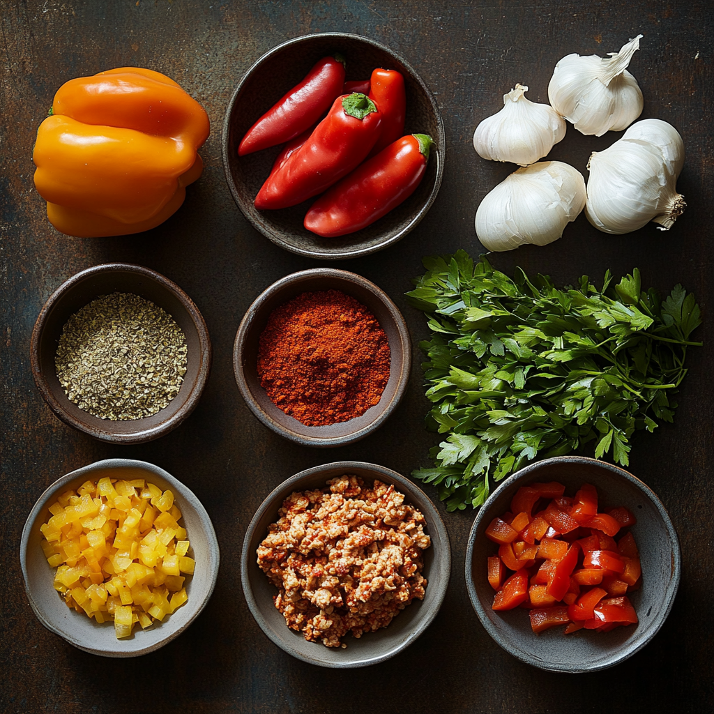 A vibrant display of ingredients for Chicken Adana, including yellow and red bell peppers, garlic bulbs, fresh parsley, ground chicken, minced peppers, and an array of colorful spices like paprika and oregano.