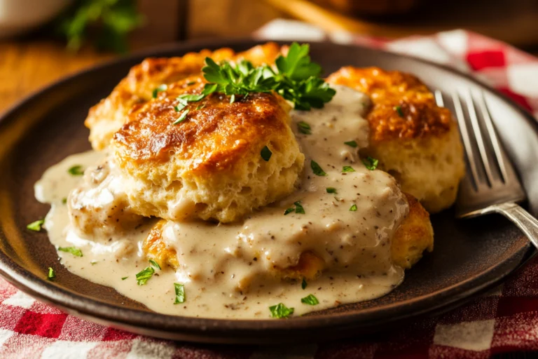 A plate of golden, fluffy biscuits smothered in creamy sausage gravy, garnished with fresh parsley.