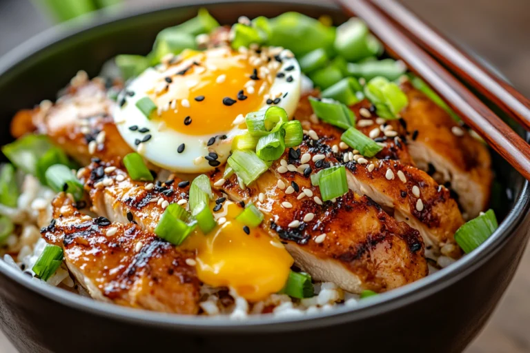 A close-up of a delicious chicken and egg rice bowl, garnished with sesame seeds, green onions, and a runny yolk egg.