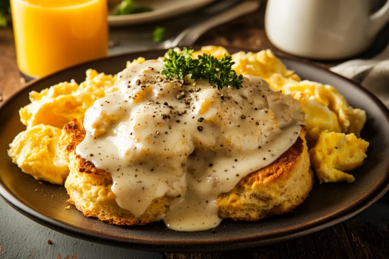 A plate of freshly baked American biscuits covered in creamy sausage gravy, served with scrambled eggs and garnished with black pepper and fresh parsley.