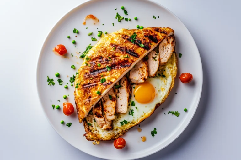 A grilled chicken omelette with a sunny-side-up egg, garnished with cherry tomatoes, green peas, and fresh herbs on a white plate.